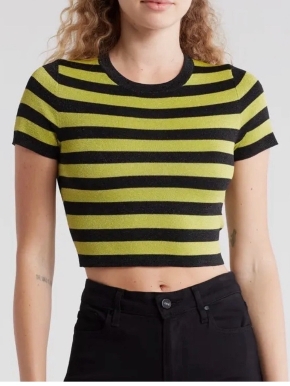 Alice + Olivia Striped Lime & Black Short Sleeve Crop Top